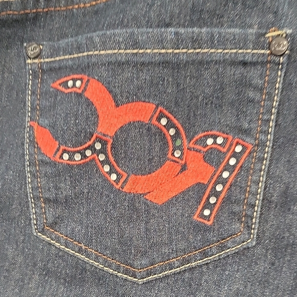 Rocawear Vintage Women's Dark Denim Shorts with Red Detailing Size 15 - Picture 3 of 11